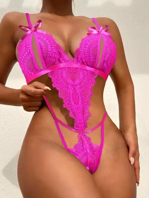 Fiyonklu Dantelli Fuşya Fantezi Body — görsel 1