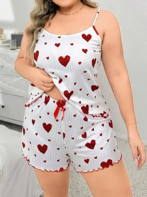 Büyük Beden Kalp Desen Pamuklu Şortlu Pijama Takımı — görsel 2