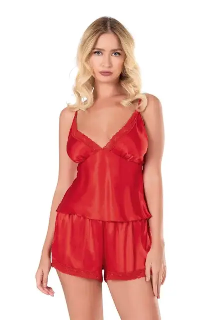 Kırmızı Saten Babydoll Şort Takımı — görsel 1