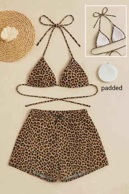 Kadın Leopar Desenli Şortlu Belden ve Boyundan Bağlamalı Bikini Takımı — görsel 4