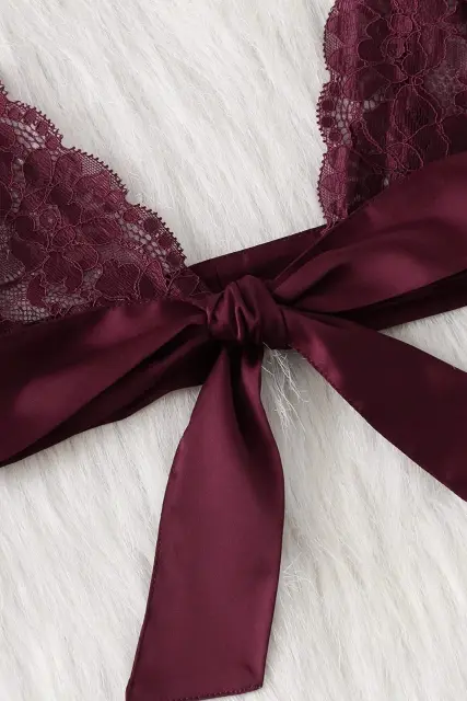 Kadın Bordo Dantelli & Kurdelalı Sütyen Külot Takımı H110383 — görsel 4