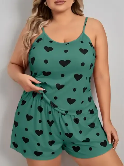 Büyük Beden Yeşil Kalp Desen Pamuklu Şortlu Pijama Takımı — görsel 2