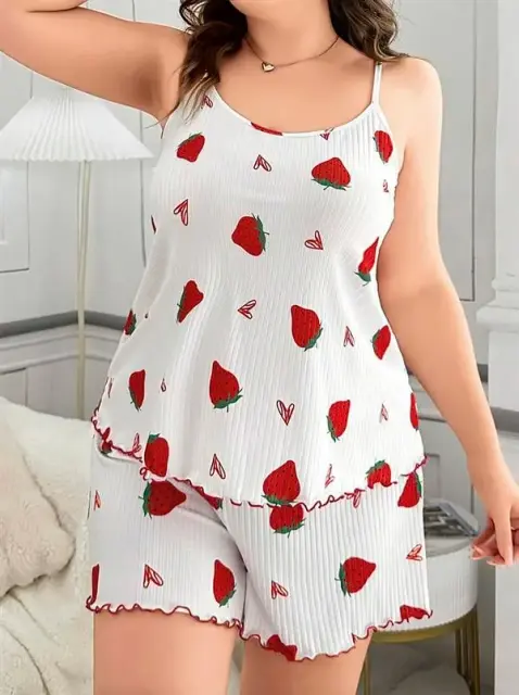 Büyük Beden Çilek Desen Pamuklu Şortlu Pijama Takımı — görsel 2