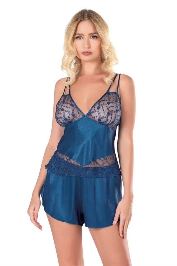 Petrol Mavisi Saten Babydoll Şort Takımı — görsel 1