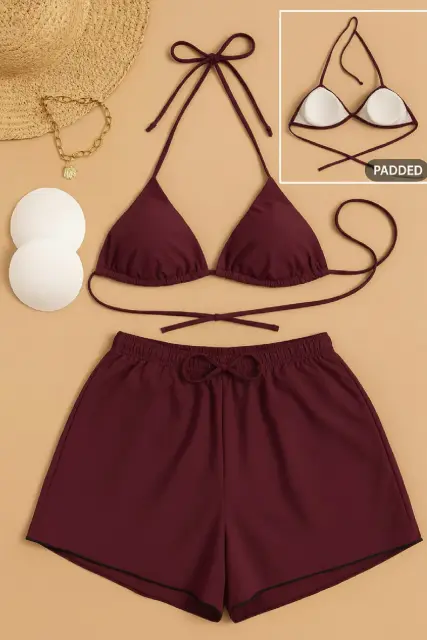 Kadın 3'LÜ Set Bordo Şortlu ve Yandan Bağlamalı Bikini Mayo Takımı — görsel 2