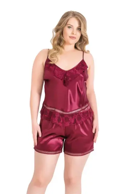 Büyük Beden Bordo Saten Babydoll Şort Takımı — görsel 1
