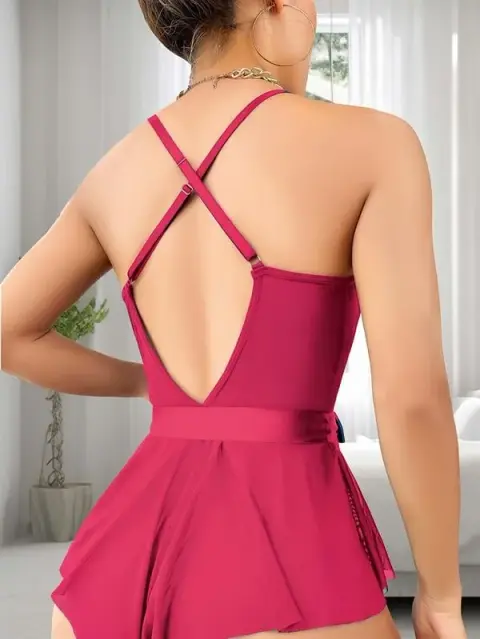 Fuşya Dantel Işlemeli Kurdelalı Fantezi Tül Babydoll — görsel 2