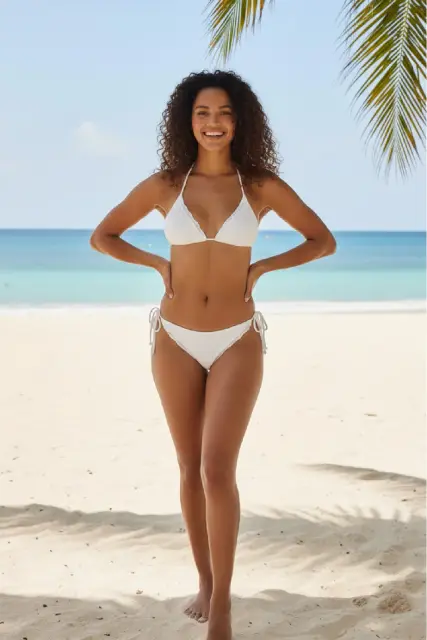 Kadın Beyaz Pedli Bel ve Boyundan Bağlamalı Dantelli Şık Bikini Takımı — görsel 3
