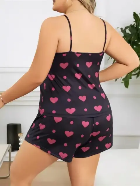 Büyük Beden Siyah Kalp Desen İnce Askılı Pamuklu Şortlu Pijama Takımı — görsel 3