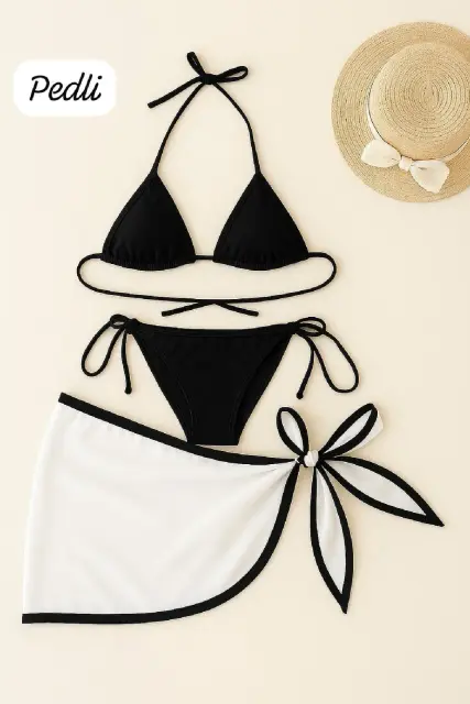 Kadın Siyah Beyaz Pareolu Yandan ve Boyundan Bağlamalı 3'LÜ Bikini Takımı — görsel 1