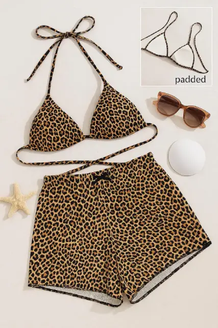 Kadın Leopar Desenli Şortlu Belden ve Boyundan Bağlamalı Bikini Takımı — görsel 2