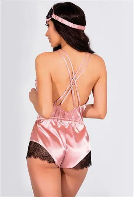 Pembe Dantelli Sırtı Çapraz Saten Şort Tulum — görsel 2