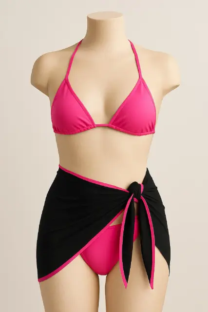 Kadın Fuşya Siyah Pareolu Yandan ve Boyundan Bağlamalı 3'LÜ Bikini Takım? — görsel 2
