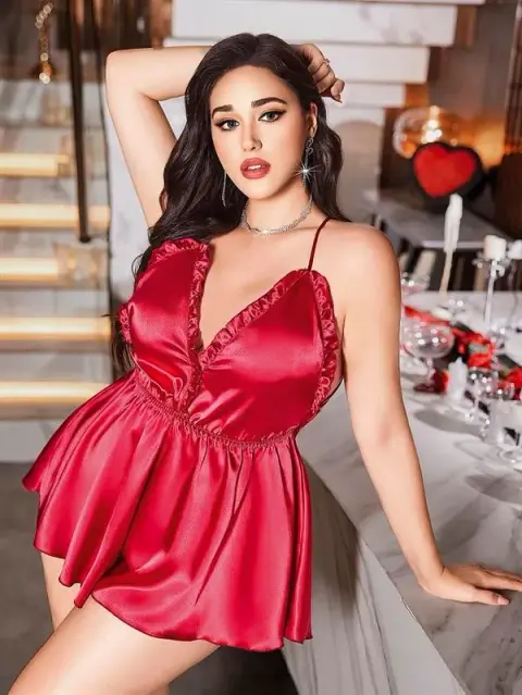Büyük Beden Kırmızı Arkadan Bağlamalı Tulum Saten Babydoll Gecelik — görsel 1