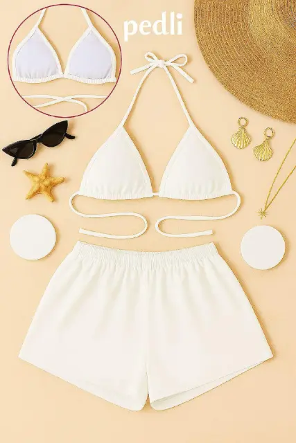 Kadın Beyaz Şortlu Belden ve Boyundan Bağlamalı Bikini Takımı — görsel 1