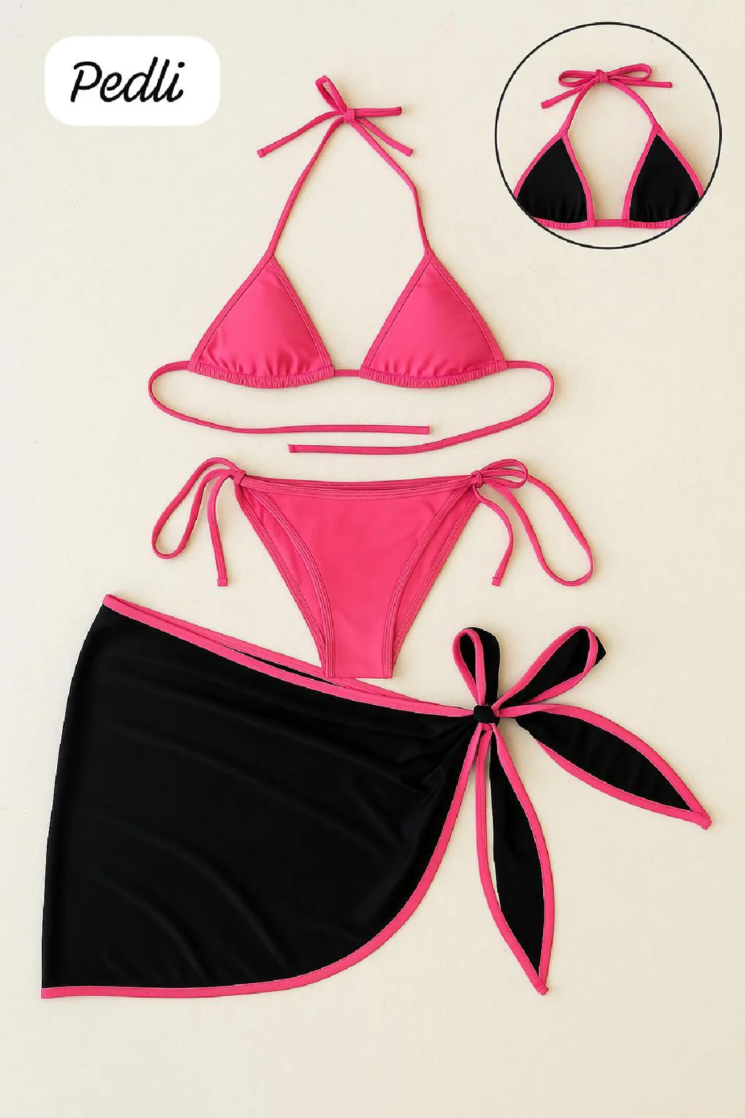 Kadın Fuşya Siyah Pareolu Yandan ve Boyundan Bağlamalı 3'LÜ Bikini Takım? — görsel 1