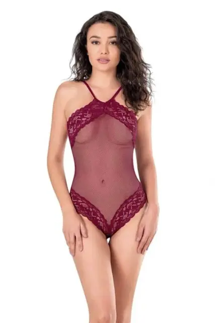 Dantel Işlemeli Bordo File Tül Bodysuit — görsel 1