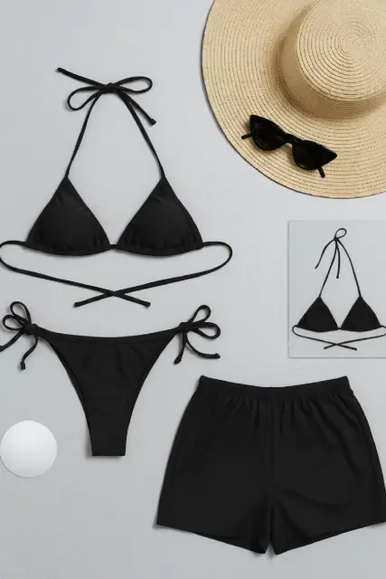 Kadın 3'LÜ Set Siyah Şortlu ve Yandan Bağlamalı Bikini Mayo Takımı — görsel 1