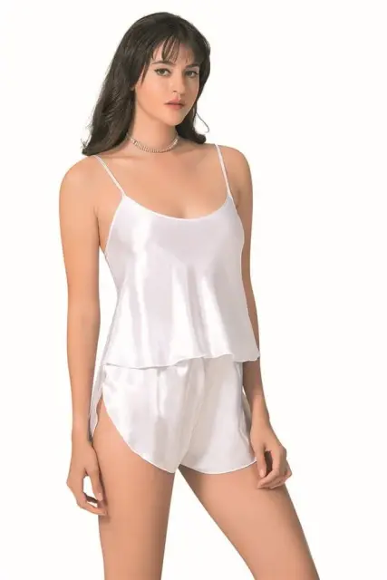 Şık Tasarım Yumuşak Dokulu Beyaz Saten Babydoll Şort Takımı — görsel 1