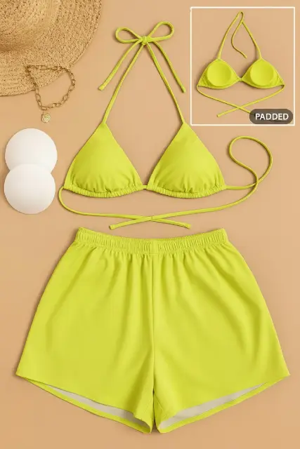 Kadın 3'LÜ Set Fosforlu Şortlu ve Yandan Bağlamalı Bikini Mayo Takımı — görsel 2