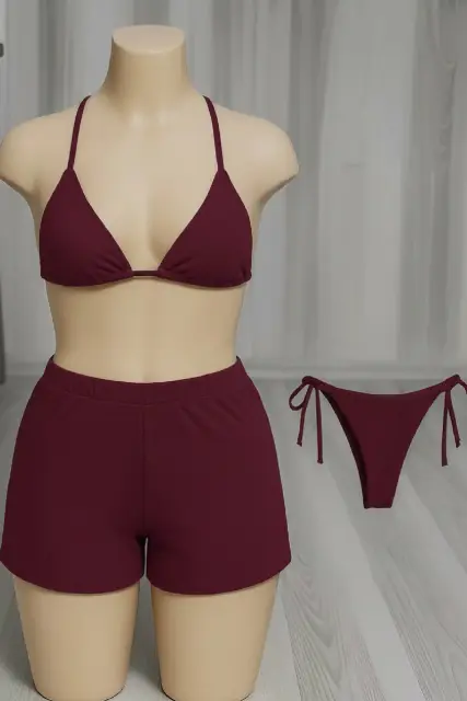 Kadın 3'LÜ Set Bordo Şortlu ve Yandan Bağlamalı Bikini Mayo Takımı — görsel 3