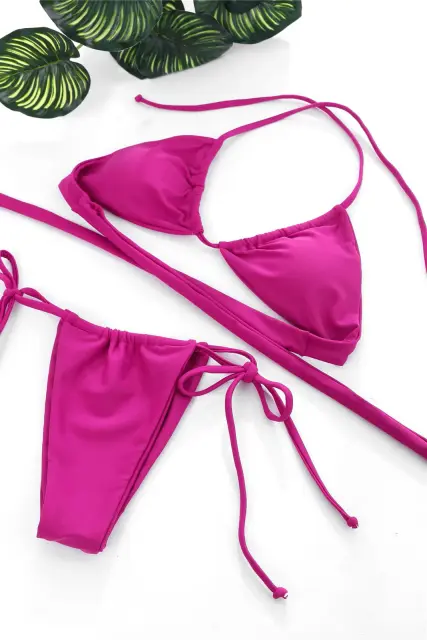 Kadın Fuşya Yandan Bağlamalı Tangalı Üçgen Bikini Mayo Takımı — görsel 2