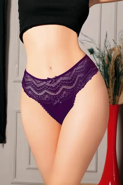 Büyük Beden Bel Kısmı Dantelli Fantezi Mor Tanga String — görsel 1