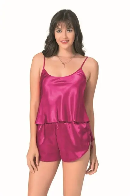 Şık Tasarım Yumuşak Dokulu Vişne Saten Babydoll Şort Takımı — görsel 1