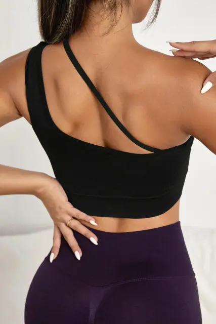 Kadın Siyah Tek Omuzlu Çapraz Askılı Crop Top Büstiyer — görsel 2