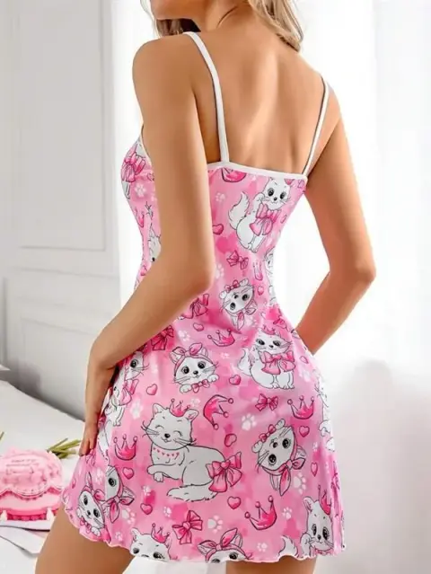 Pembe Kedi Desenli Fantezi Gecelik — görsel 2