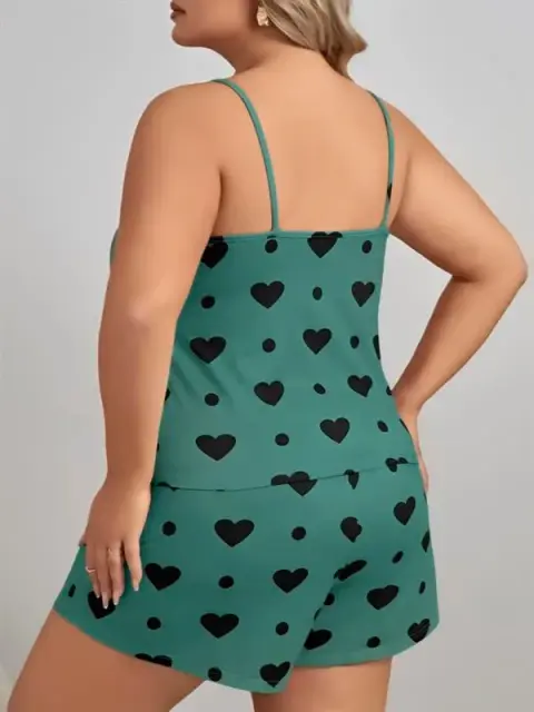 Büyük Beden Yeşil Kalp Desen Pamuklu Şortlu Pijama Takımı — görsel 3