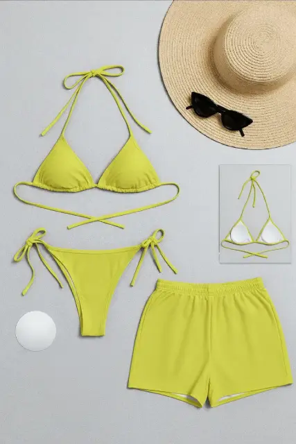 Kadın 3'LÜ Set Fosforlu Şortlu ve Yandan Bağlamalı Bikini Mayo Takımı — görsel 1