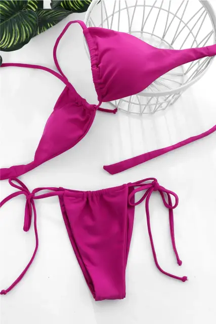 Kadın Fuşya Yandan Bağlamalı Tangalı Üçgen Bikini Mayo Takımı — görsel 3