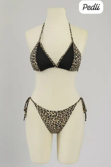 Kadın Siyah ve Leopar Detaylı Yandan Bağlamalı Bikini Takımı — görsel 1
