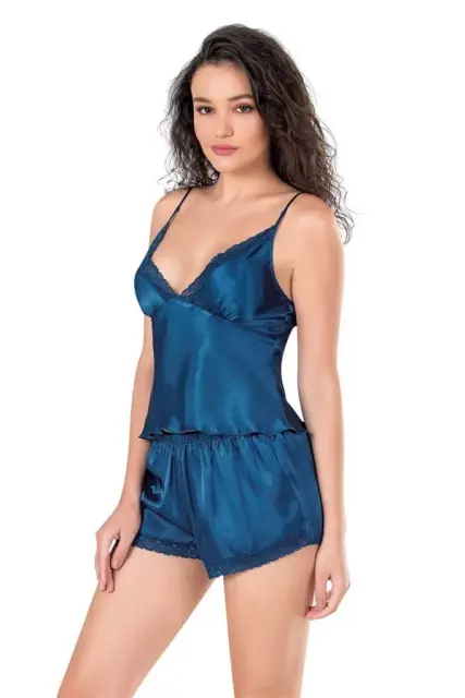 Petrol Mavi Saten Babydoll Şort Takımı — görsel 1