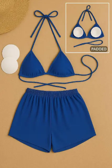 Kadın Mavi Şortlu Belden ve Boyundan Bağlamalı Bikini Takımı — görsel 3