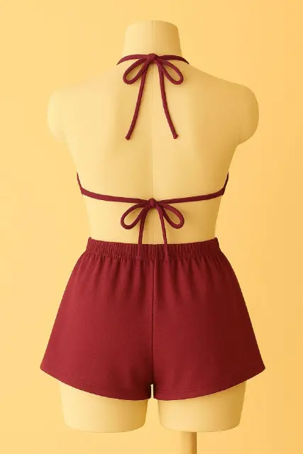 Kadın Bordo Şortlu Belden ve Boyundan Bağlamalı Bikini Takımı — görsel 3