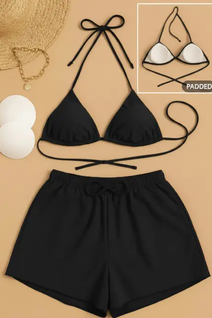 Kadın 3'LÜ Set Siyah Şortlu ve Yandan Bağlamalı Bikini Mayo Takımı — görsel 2