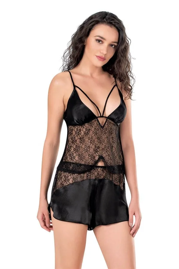 Siyah Saten Babydoll Şort Takımı — görsel 1