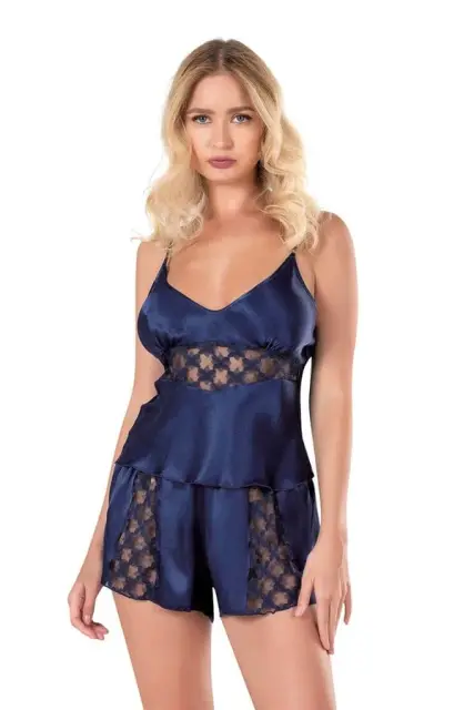 Lacivert Saten Babydoll Şort Takımı — görsel 1