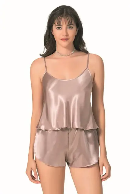 Şık Tasarım Yumuşak Dokulu Vizon Saten Babydoll Şort Takımı — görsel 1