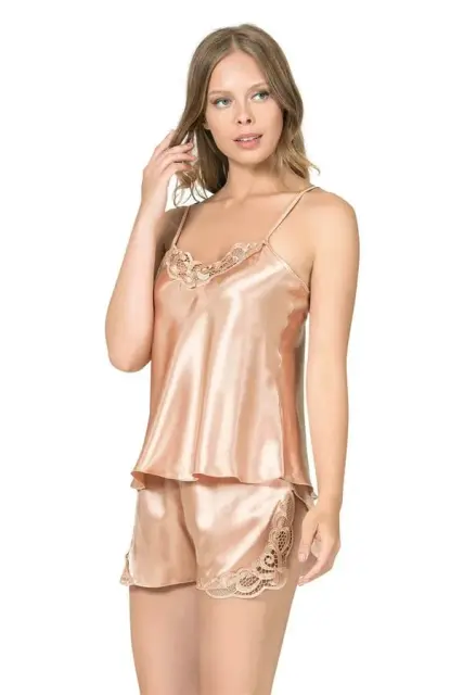 Şık Tasarım Yumuşak Dokulu Dantel İşlemeli Gold Saten Babydoll Şort Takımı — görsel 1