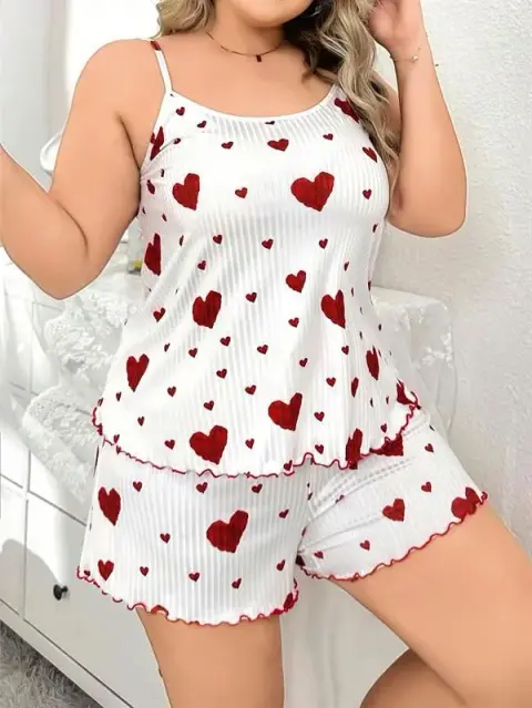 Büyük Beden Kalp Desen Pamuklu Şortlu Pijama Takımı — görsel 3