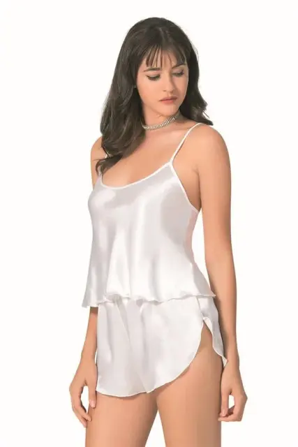 Şık Tasarım Yumuşak Dokulu Ekru Saten Babydoll Şort Takımı — görsel 1
