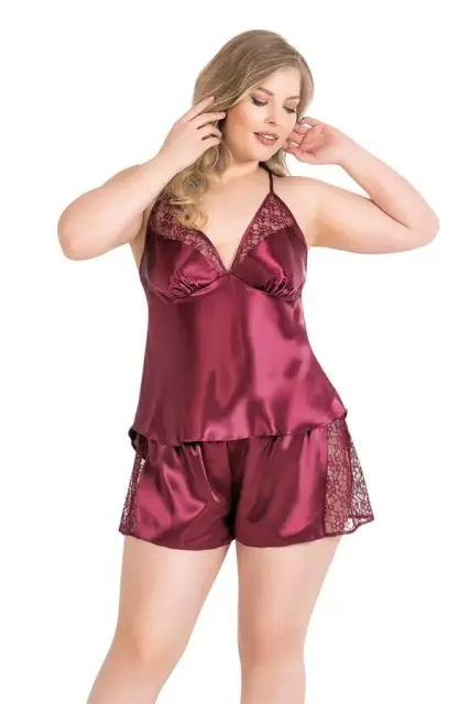 Büyük Beden Bordo Saten Babydoll Şort TakımI — görsel 1