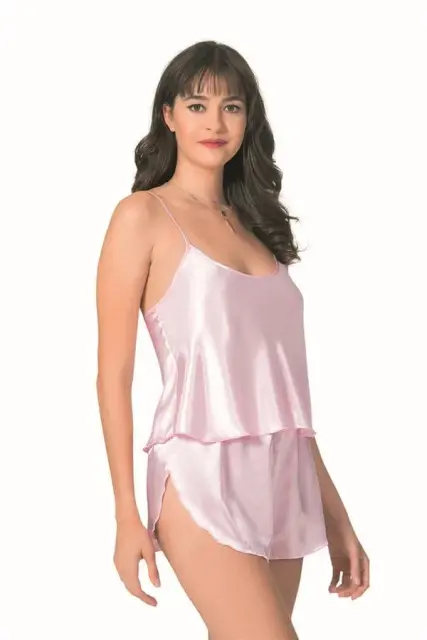 Şık Tasarım Yumuşak Dokulu Pembe Saten Babydoll Şort Takımı — görsel 1