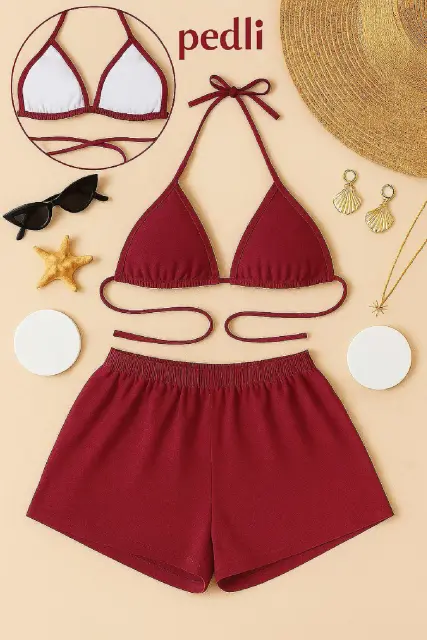 Kadın Bordo Şortlu Belden ve Boyundan Bağlamalı Bikini Takımı — görsel 1