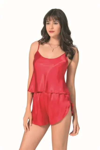 Şık Tasarım Yumuşak Dokulu Kırmızı Saten Babydoll Şort Takımı — görsel 1
