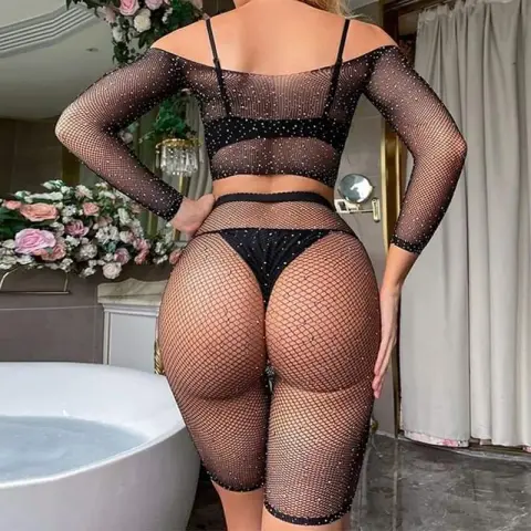 Kadın Seksi 2 Parça Taşlı Omuzları Açık Crop- Şort Vücut Çorabı — görsel 3