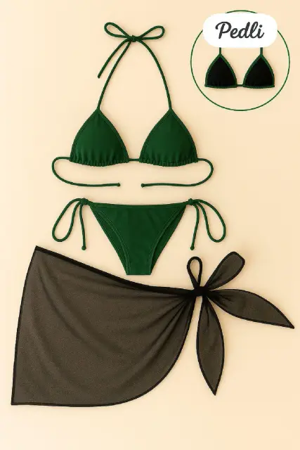 Kadın Yeşil Siyah Pareolu Yandan ve Boyundan Bağlamalı 3'LÜ Bikini Takım? — görsel 1